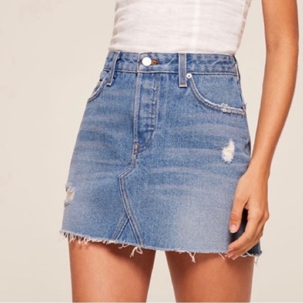 Reformation Retooled Denim Mini Jean Skirt Salton Wash Distressed Size 29
